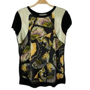 Cluny Abstract Print Top Women M Black Art To Wear 70s Faux Leather Bamboo Wool